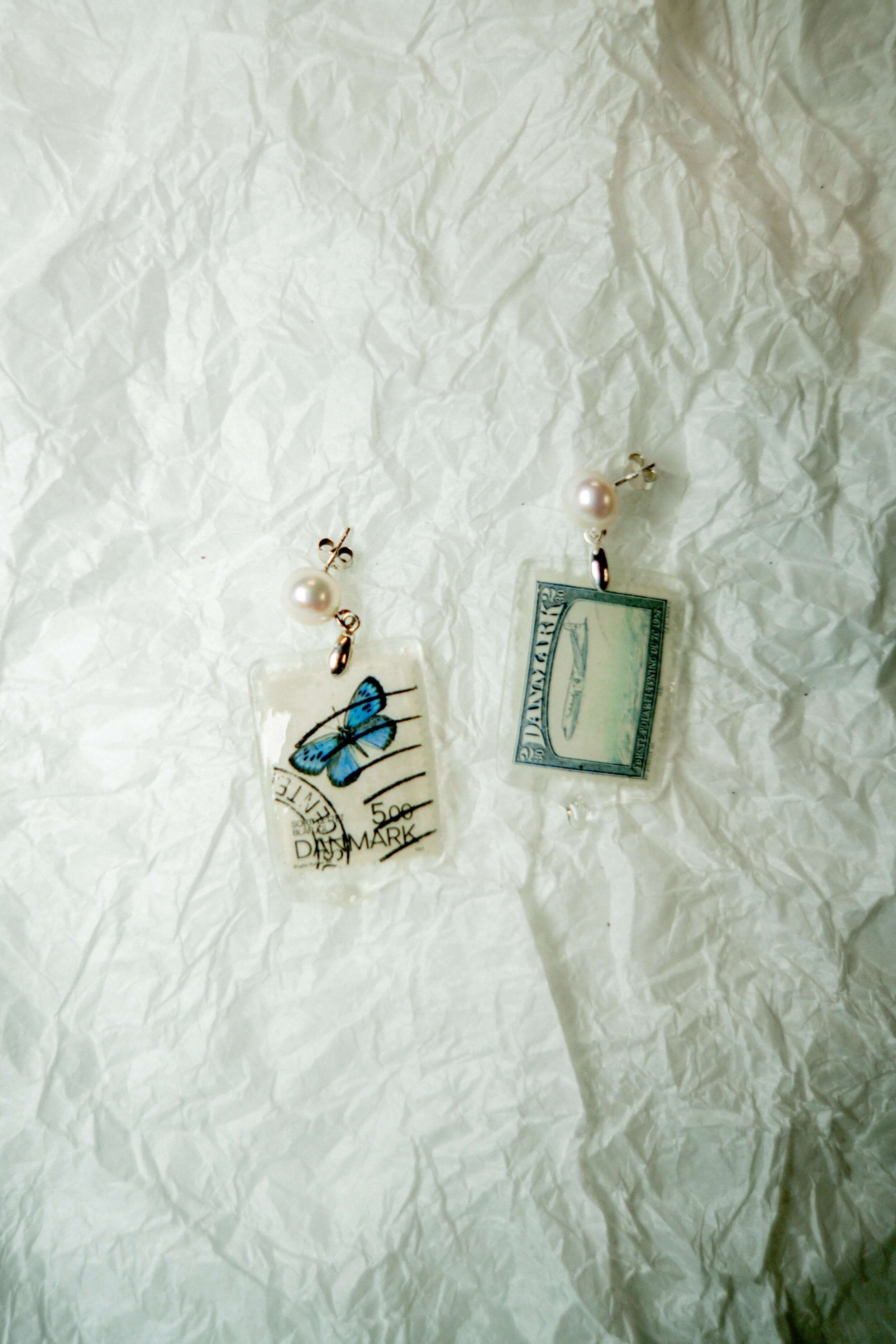 Upcycled Poststamp Pearl Earring