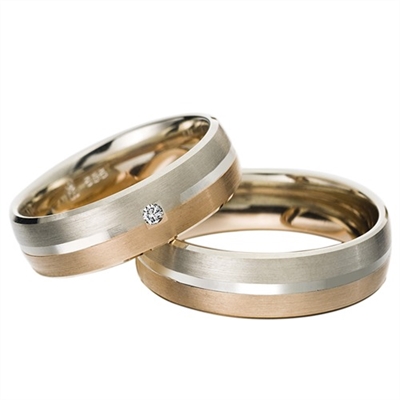 Vielsesringe I Rosaguld Og Hvidguld Med Diamant 003 Ct - 6 Mm