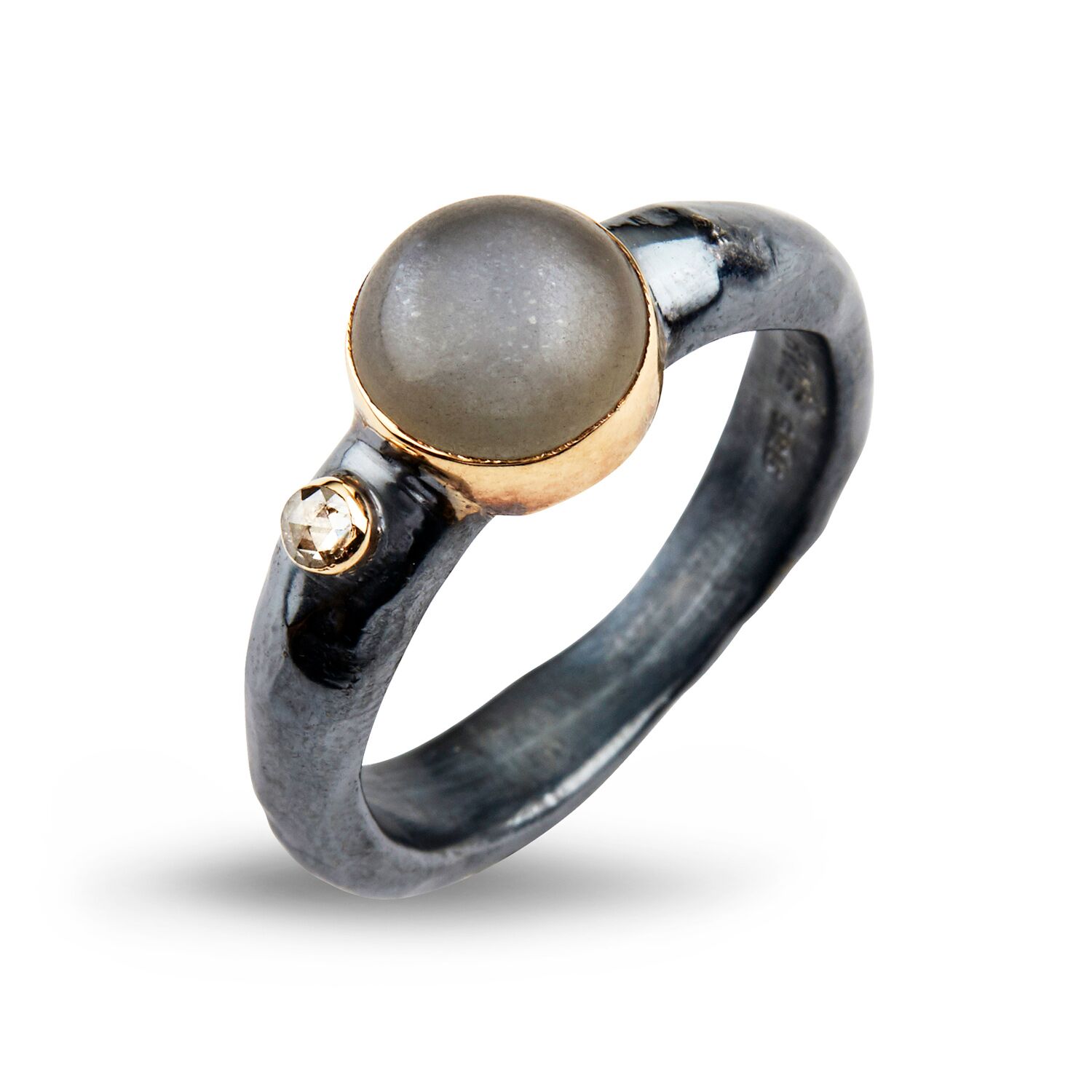 Antique Sterling Sølv Ring Fra   Birdie Med 14 Karat Guld  Månesten   Brillanter