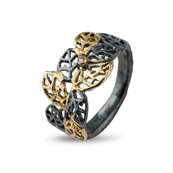 Beech Leaves Sterling Sølv Ring Fra   Birdie Med 18 Karat Guld   Diamant   02 Carat