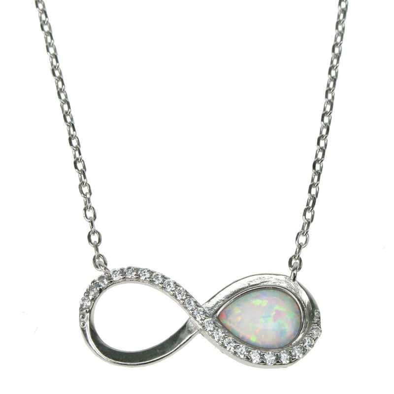 Uendelighed Symbol Med Halskæde 38 Cm  Opal Vedhæng Med Sne Hvid Opal Sten 925 Sterling Sølv Zirkonia  Rhodium Belægning