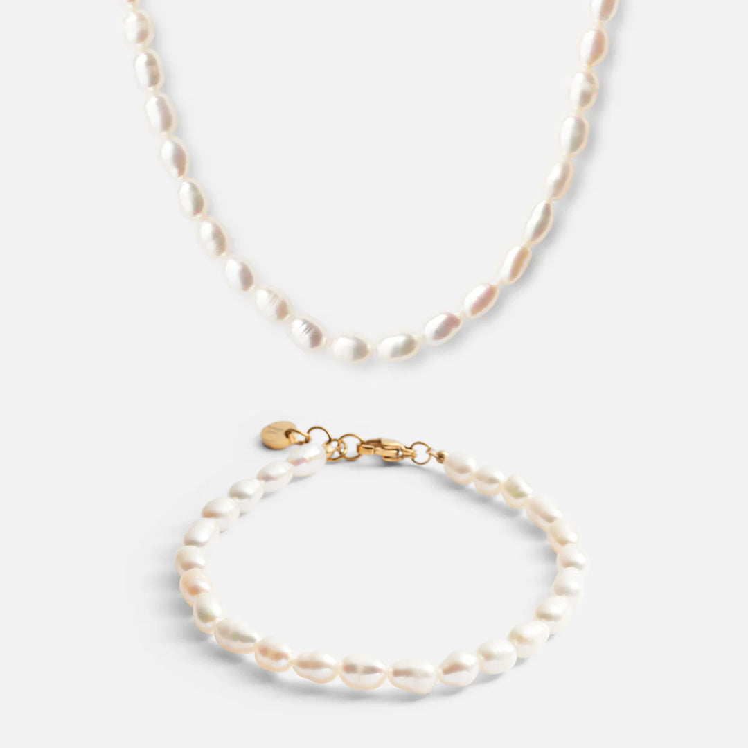 18k Guldbelagt Perlehalskæde og Armbånd Set