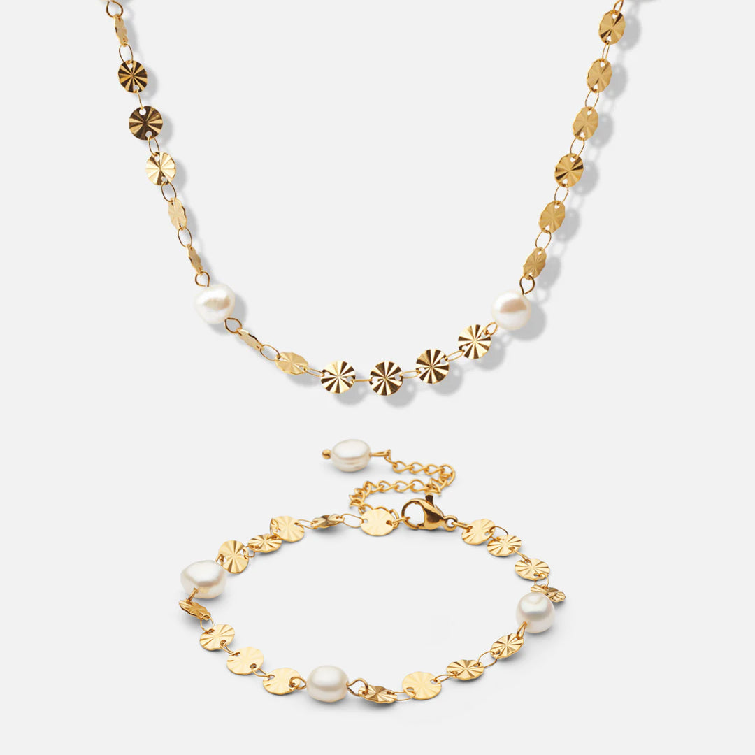 Sun Perlehalskæde Ferskvandsperler  Armbånd 18k Guldbelagt