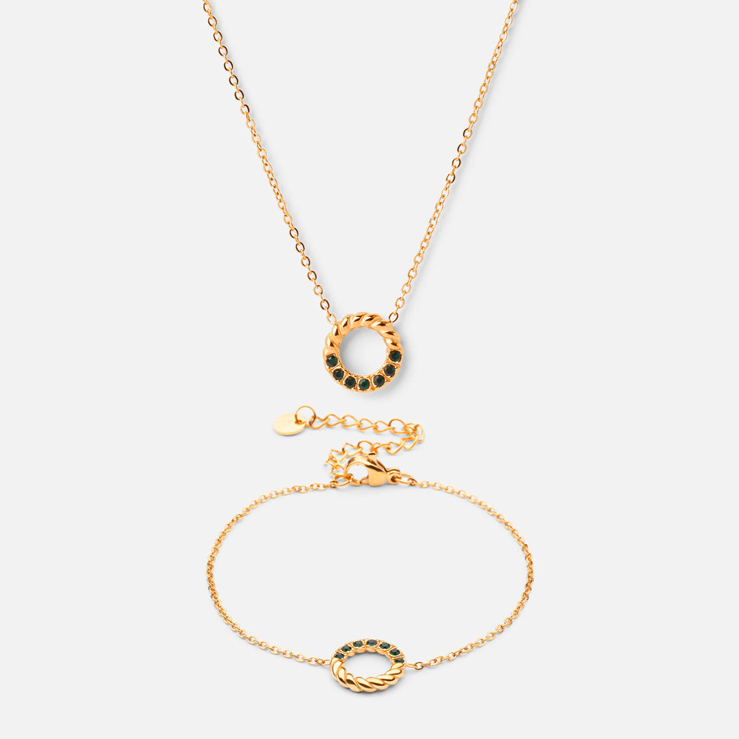 Twisted Green Zirkon Halskæde Armbånd 18k Guldbelagt