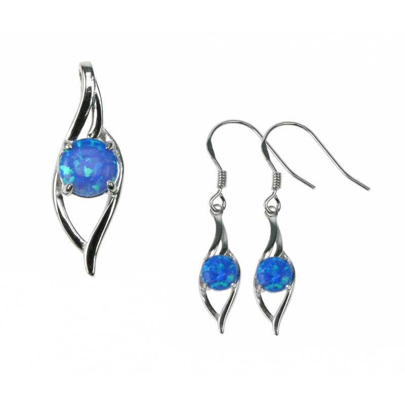 Blå Bølger - 925 Sterling Sølv Smykkesæt Med Vedhæng  øreringe Med Blå Opal Sten Og Rhodium Belægning